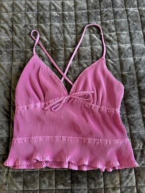 Pink Ribbed V-Neck Spaghetti Strap Tank Top